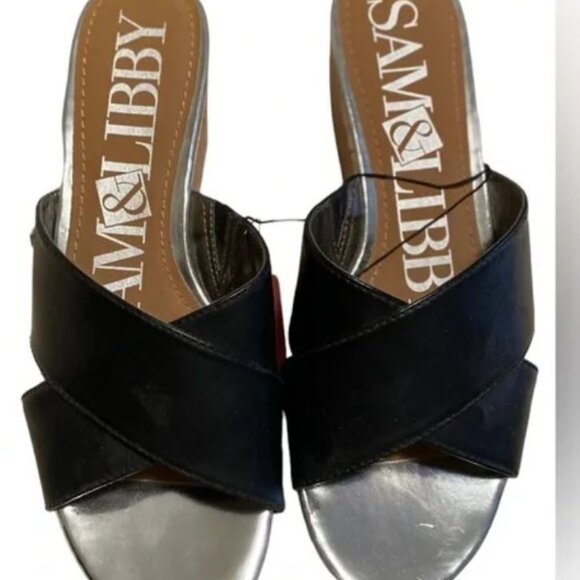 Sam and Libby Black Wedge Leather Sandal EUC - Picture 1 of 4